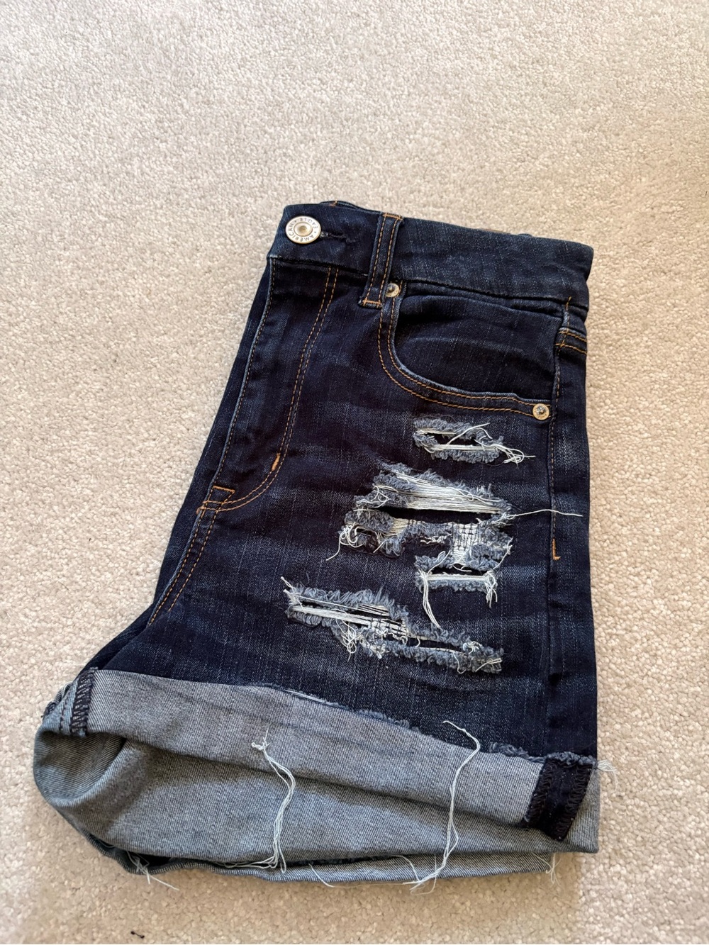 American Eagle Outfitters Dark Blue Distressed Cropped Jeans Shorts